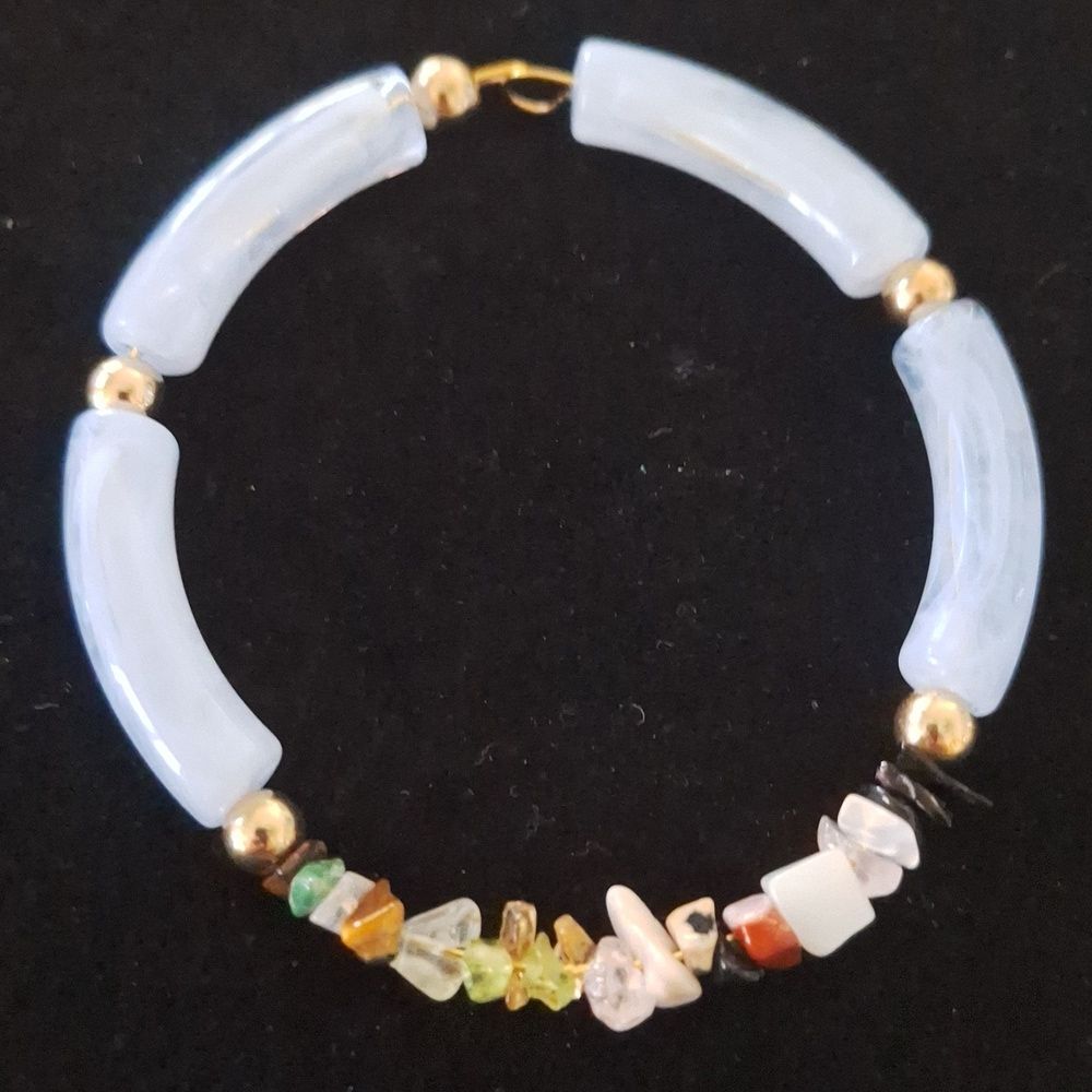 Light Blue Bangle Cuff Bracelet Handmade with Stone, Metal, & Plastic